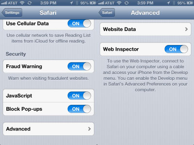 Web Inspector in Safari Settings