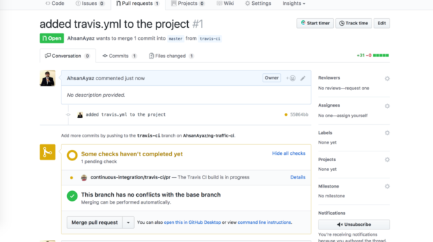 Continuous Integration for Angular Projects with TravisCI - TravisCI build is triggered for this PR