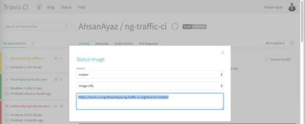 Continuous Integration for Angular Projects with TravisCI - get the badge URL 2