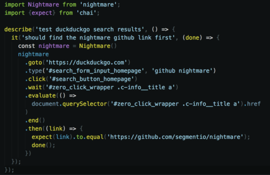 Writing Tests with CodeceptJS & Nightmare, BDD-like structure with Mocha and Chai