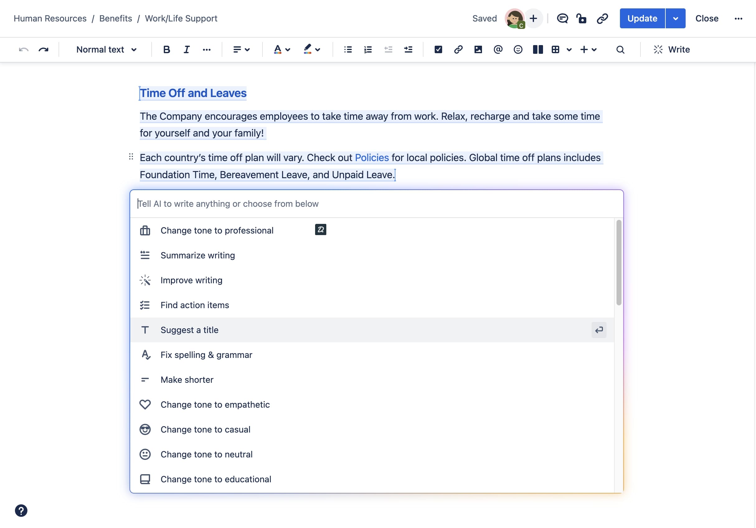 Confluence incorporates artificial intelligence (AI) to boost productivity and improve information transparency across your organization. These AI-powered features are available exclusively on the Premium and Enterprise plans and are designed to help teams work smarter, not harder.

Here are the key AI features offered by Atlassian Intelligence in Confluence:

Page summaries: Automatically generate concise summaries for pages, blogs, and comments, helping teams quickly grasp the core information without having to read through lengthy content.

Natural language search: Ask questions in the Confluence search bar using everyday language, and Atlassian Intelligence will provide the most relevant answers, making it easier to find what you're looking for.

Term clarification: Obtain clear definitions for company-specific terms, acronyms, or project names, ensuring everyone in the organization has a shared understanding of important terminology.

Content generation and enhancement: AI helps you create new content, adjust the tone of your writing, and simplify complex information to make it more accessible to team members with different expertise levels.

Idea clustering in whiteboard pages: After a brainstorming session on a whiteboard page, Atlassian Intelligence can automatically group similar ideas together, making it easier to organize and visualize the key themes that emerged from the session.