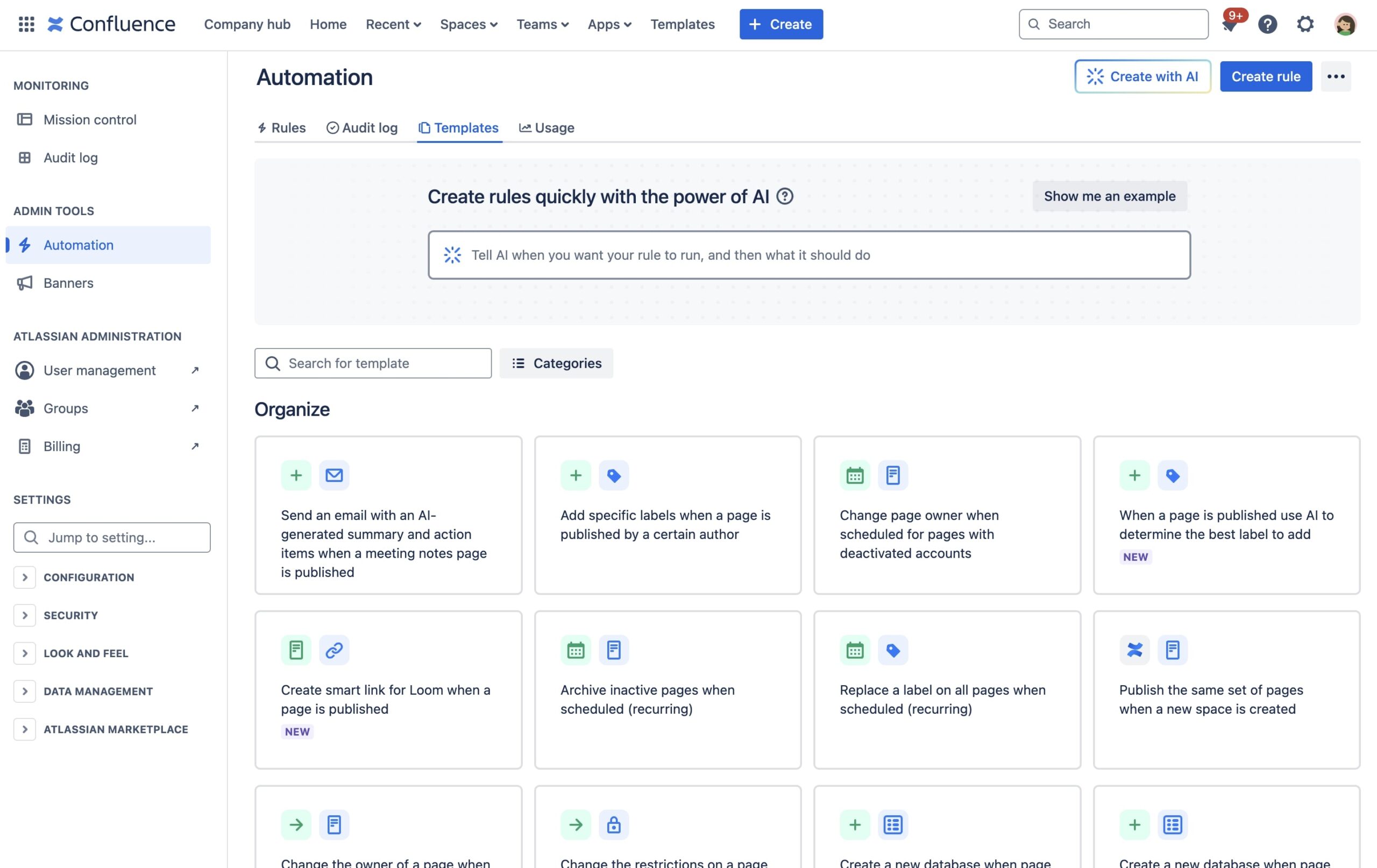 Available on the Premium and Enterprise plans, automations in Confluence are powerful tools designed to simplify and accelerate daily tasks. By automating repetitive actions, teams can enhance efficiency and focus more on meaningful work. Here are a few examples of how automation can streamline your processes:

Automatically add specific labels when a page is published by a designated author.

Send alerts to users when a page becomes outdated.

Notify team members when the status of a page changes.

Automations offer limitless possibilities for optimizing your workflow, reducing manual tasks, and saving valuable time. By implementing automations, you can spend more time creating high-quality content and fostering better collaboration within your team.