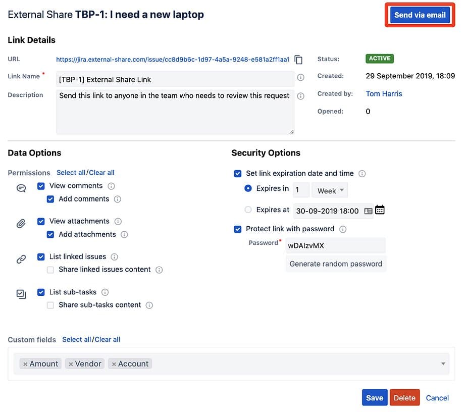 send via email external share jira